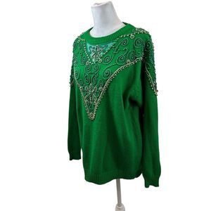 Ladies Vintage CP Collection Brand Green Embellished Sweater Size Medium